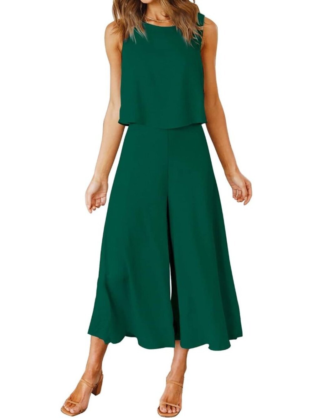 Women's Summer 2 Piece Dark Green Round Neck Crop Top Cropped Wide Leg Jumpsuits
